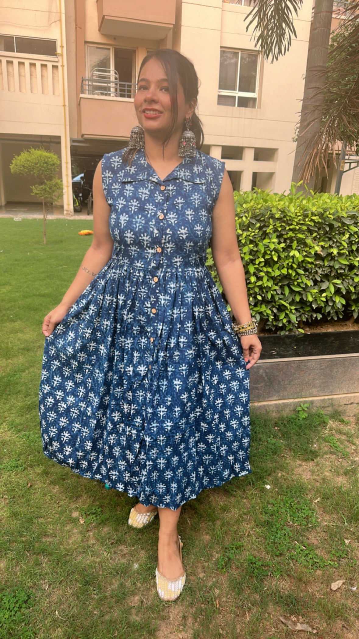 blue block print dress Palmetto Cotton Block Print Dress BLUE HYDRANGEA / XS