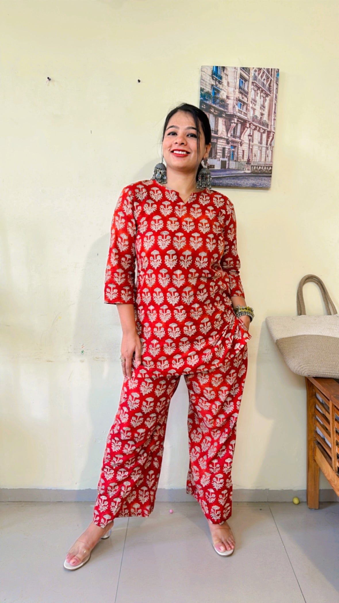 Bageecha “Baby-Pink Coord Set with Flower and Leaves Hand-block printed on it