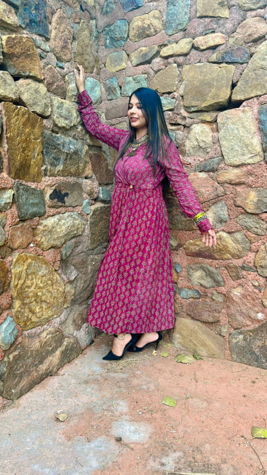 Magenta Rani Dress at Hand-Block Print