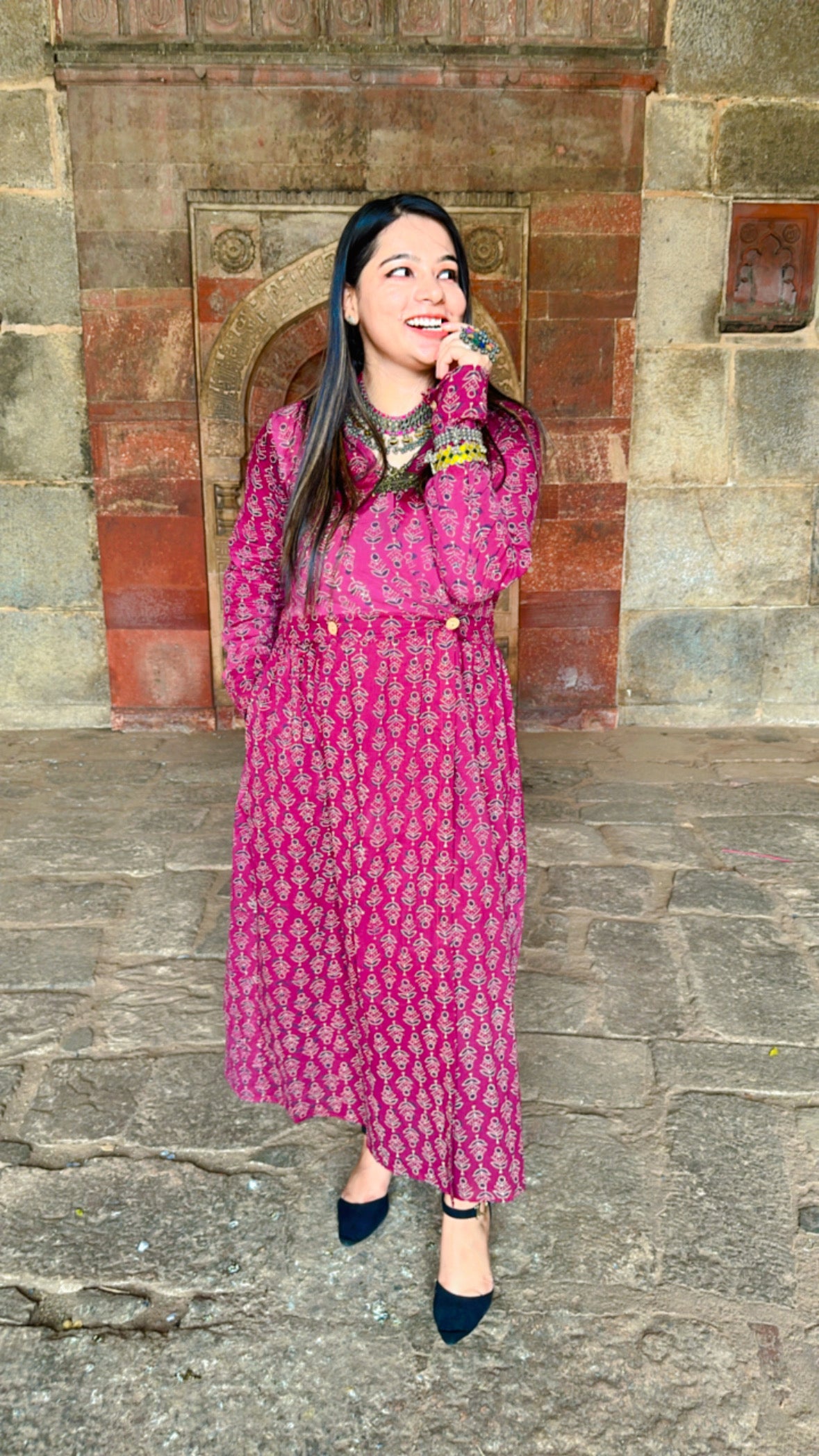 Magenta Rani Dress at Hand-Block Print