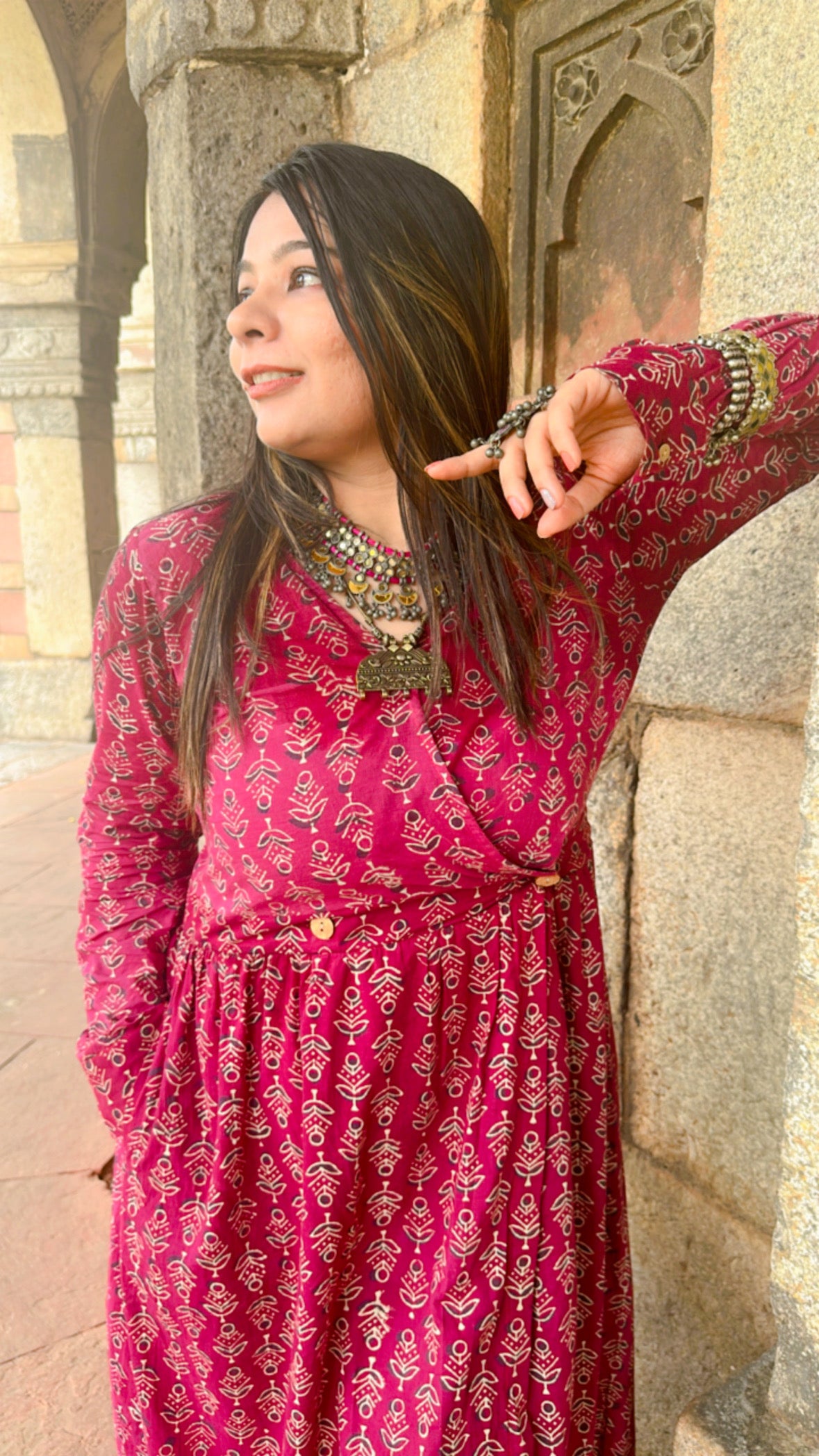 Magenta Rani Dress at Hand-Block Print