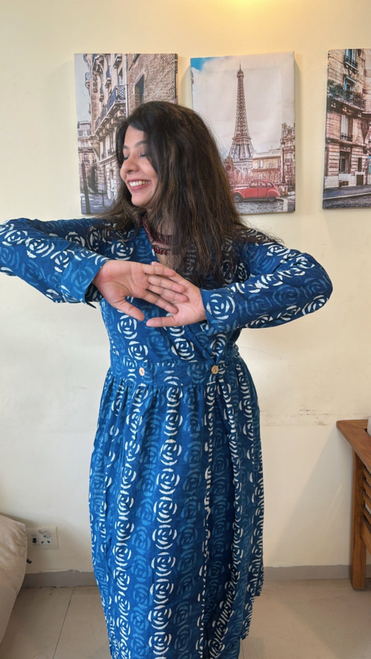 Indigo-Blue Angrakha Flower Block Printed Dress
