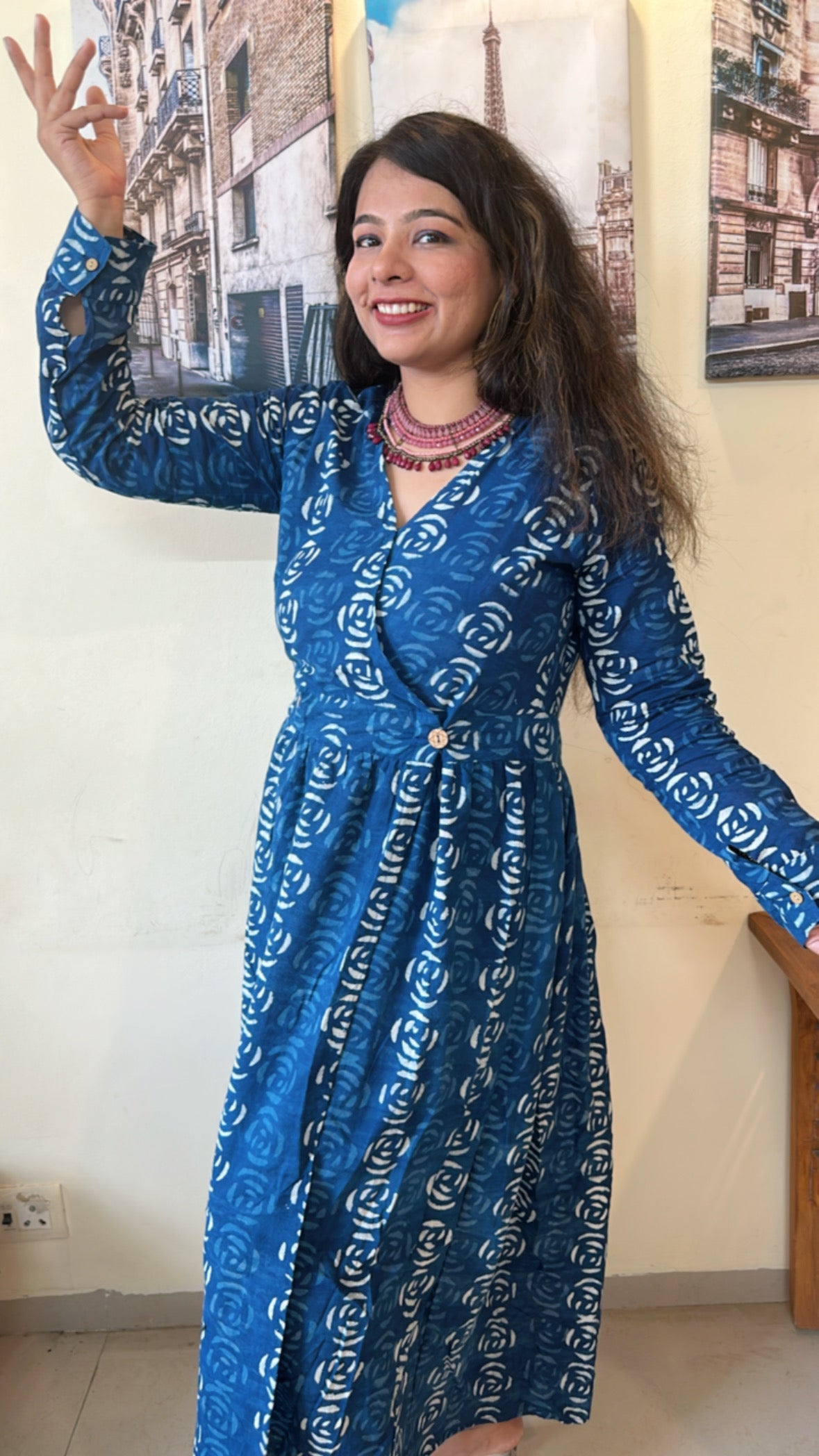 Indigo-Blue Angrakha Flower Block Printed Dress