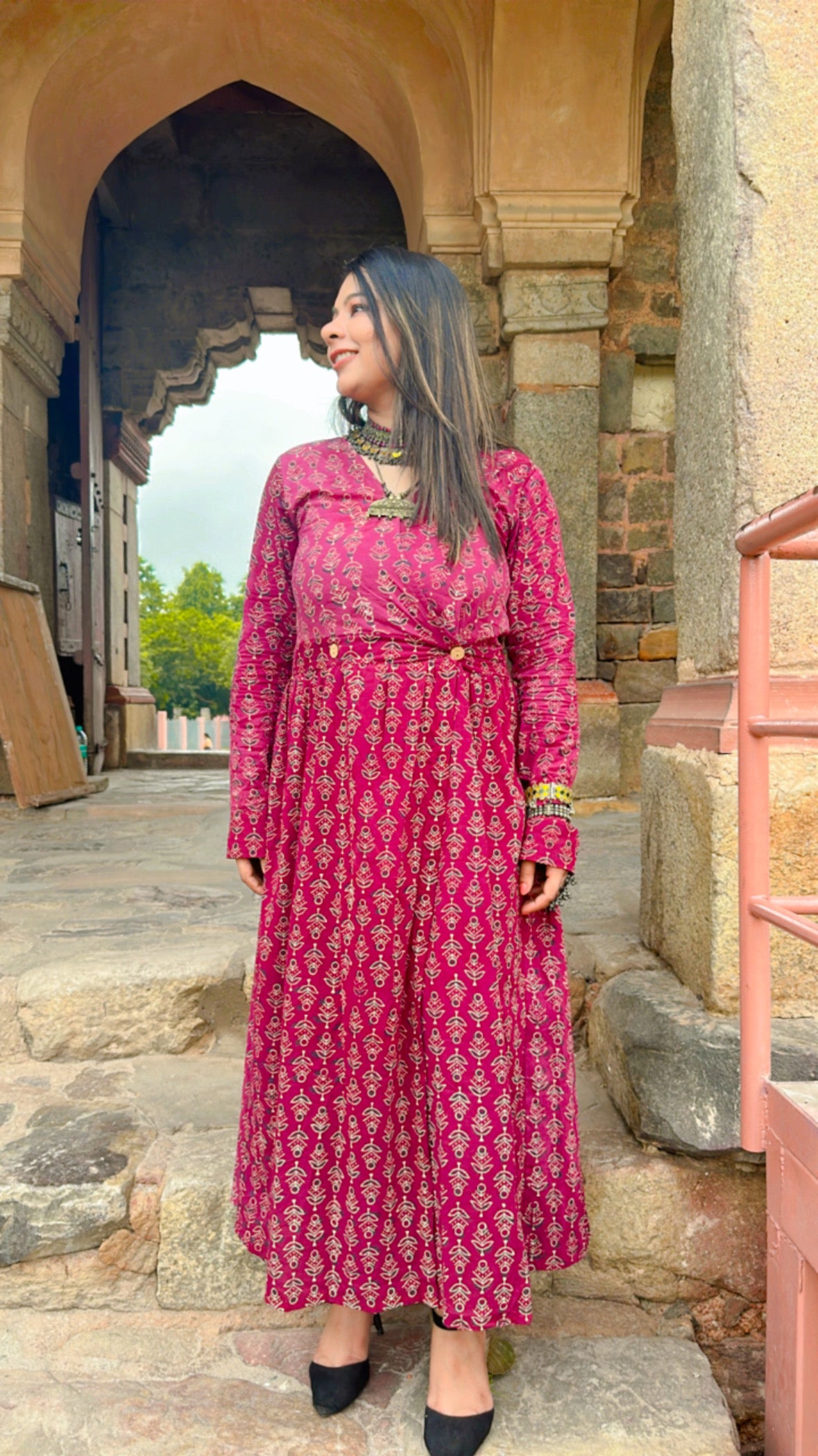 Magenta Rani Dress at Hand-Block Print