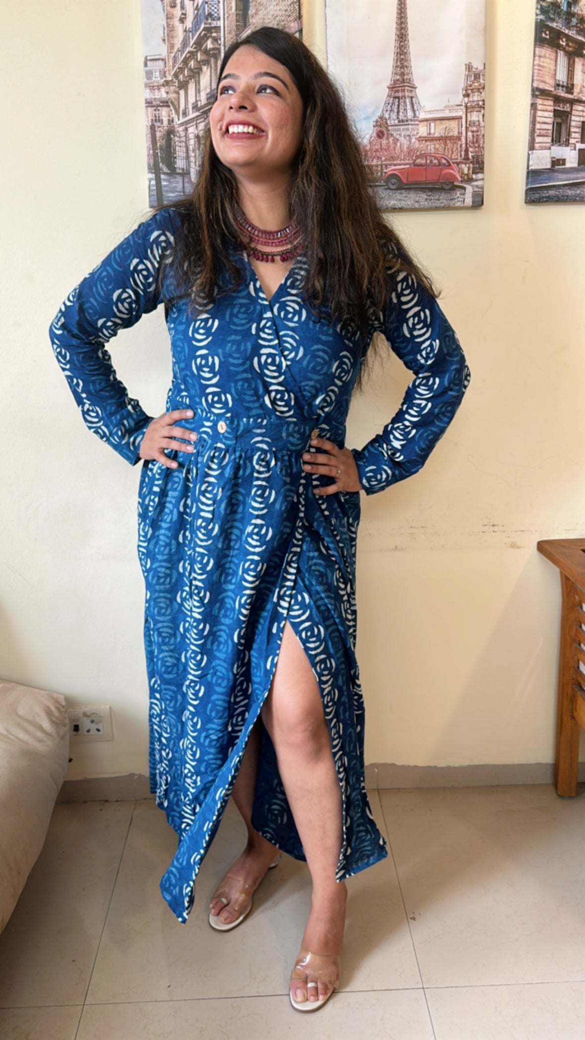Indigo-Blue Angrakha Flower Block Printed Dress