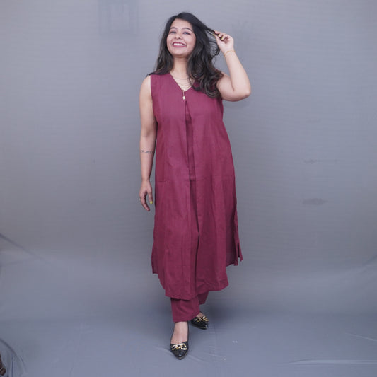 Wine color Pure Linen Coord Set