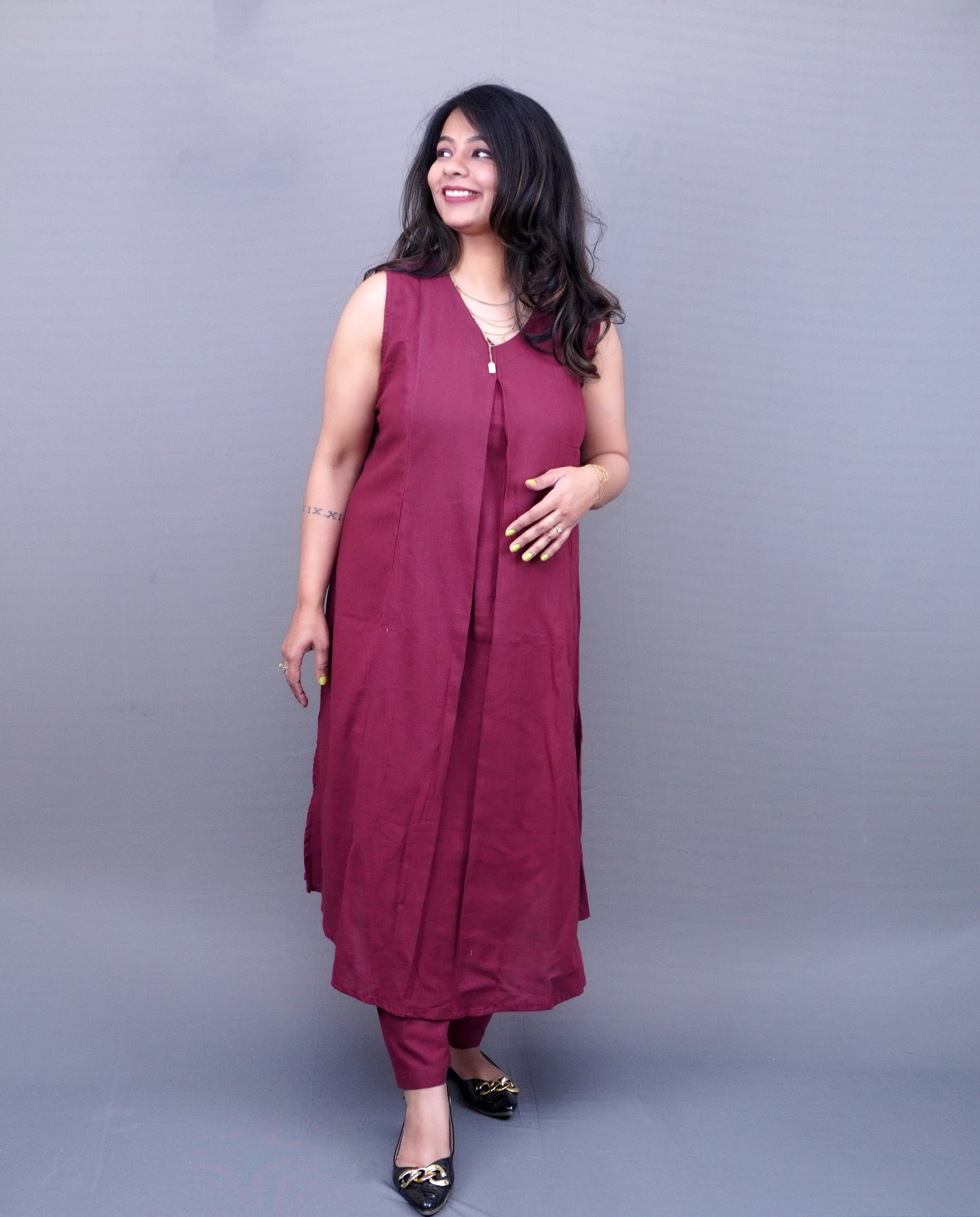 Wine color Pure Linen Coord Set