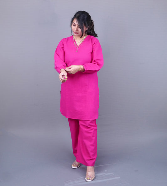 Pure Linen Magenta Pink Coord set with cute Boho Sleeves