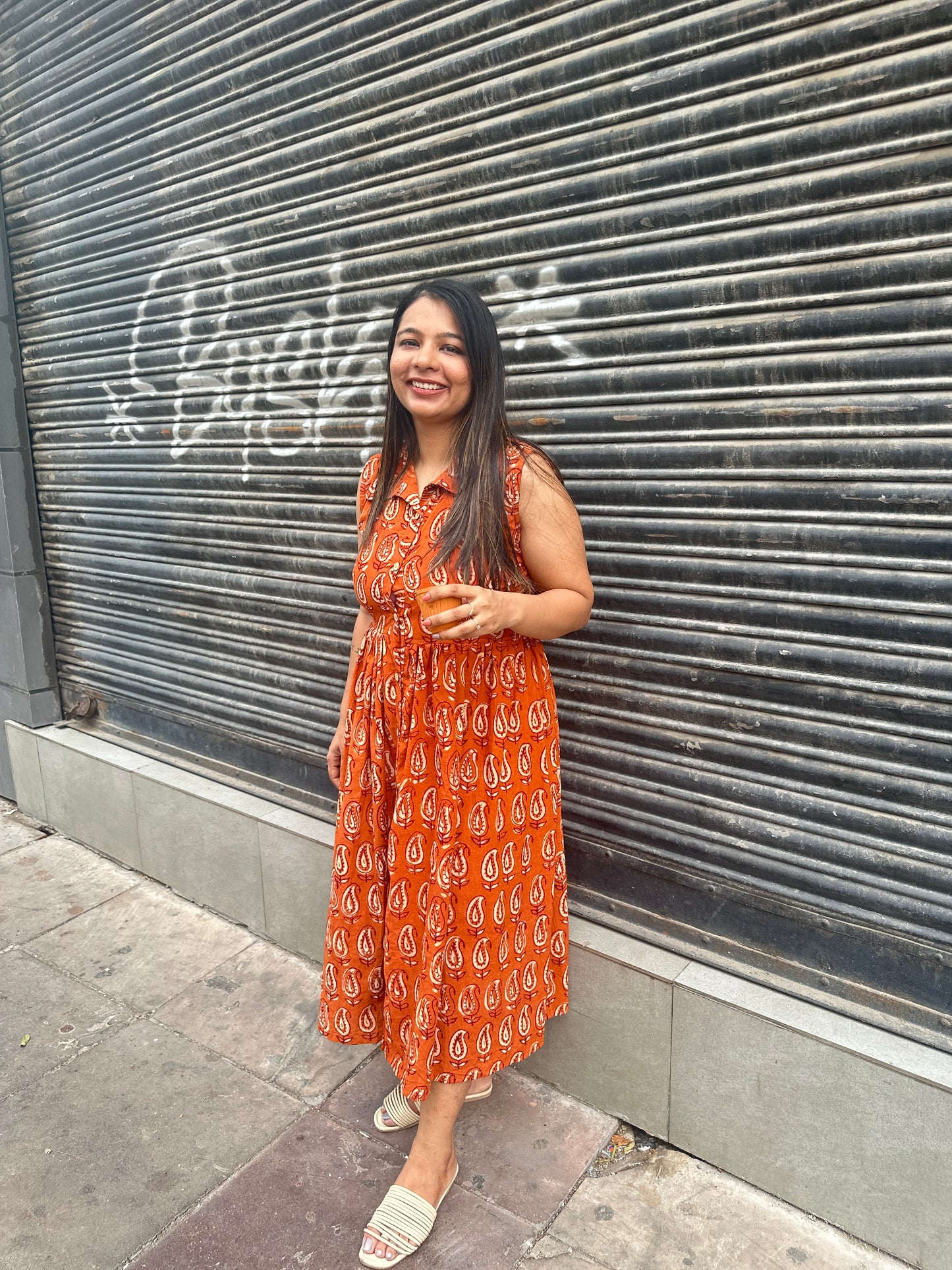 Rust Orange Hand-Block Printed Sleeveless Dress