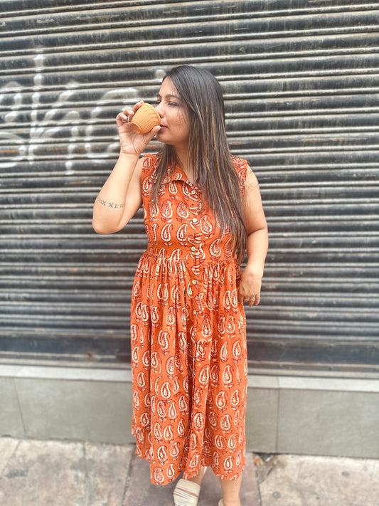 Rust Orange Hand-Block Printed Sleeveless Dress