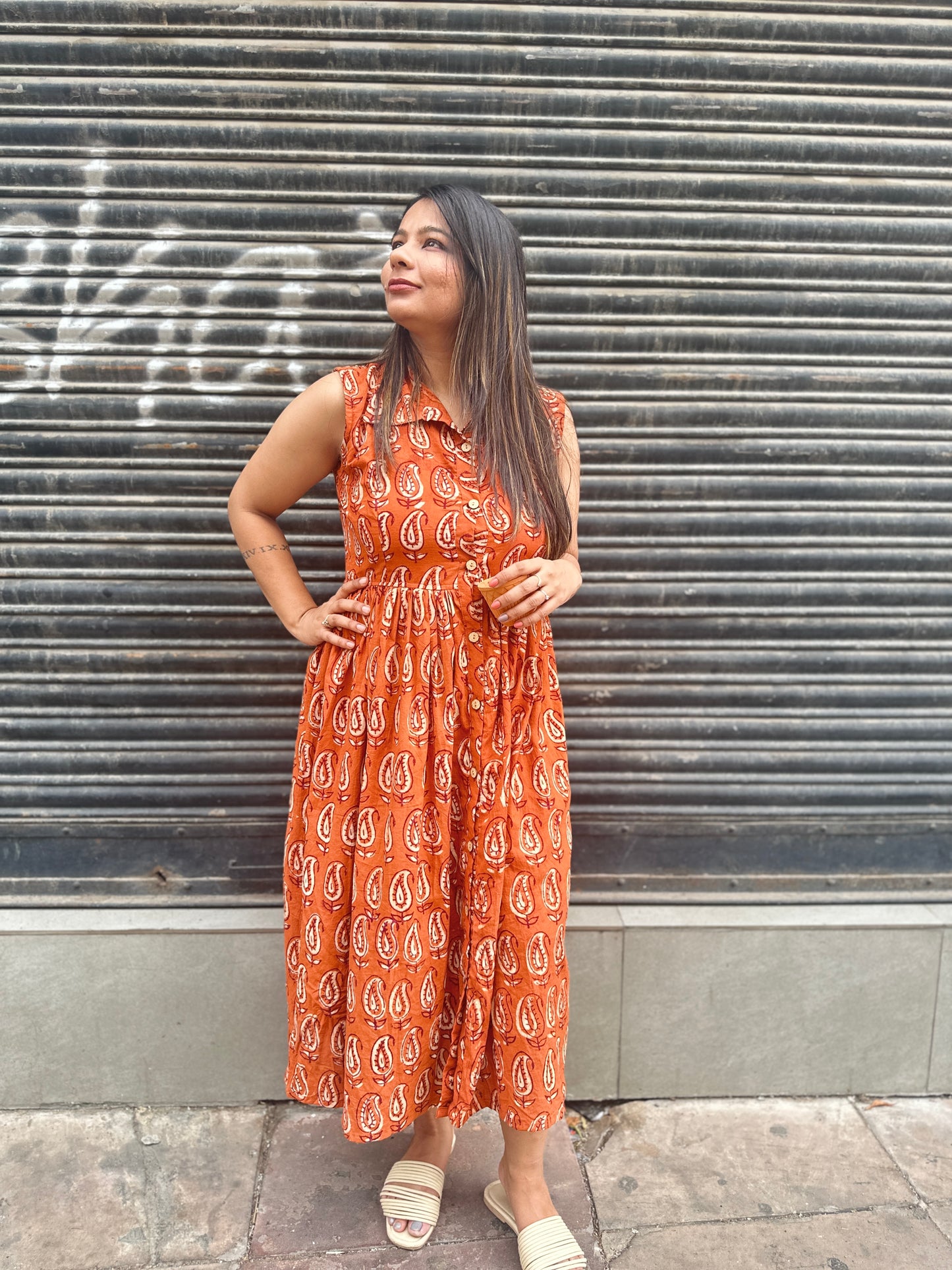 Rust Orange Hand-Block Printed Sleeveless Dress
