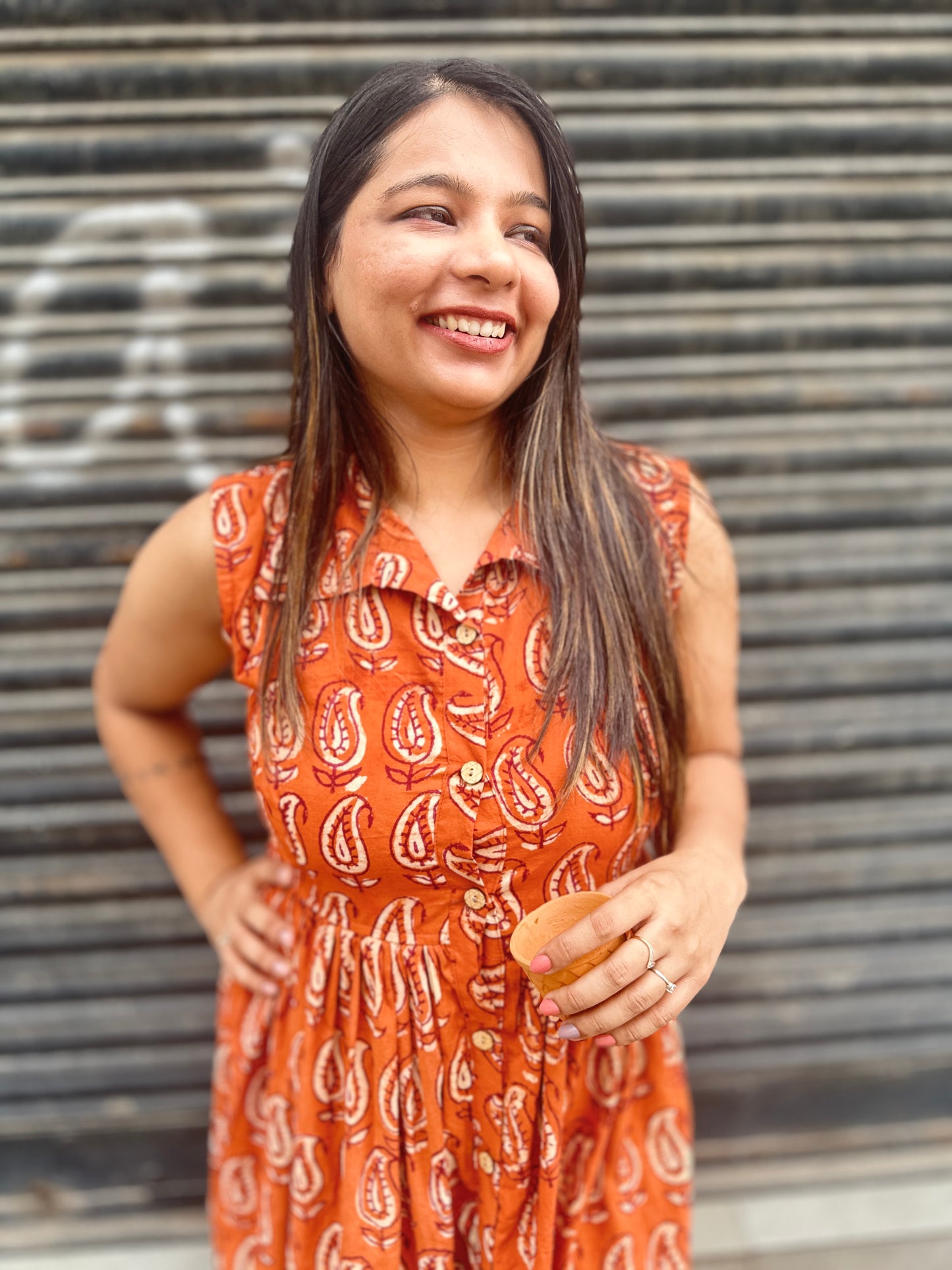 Rust Orange Hand-Block Printed Sleeveless Dress