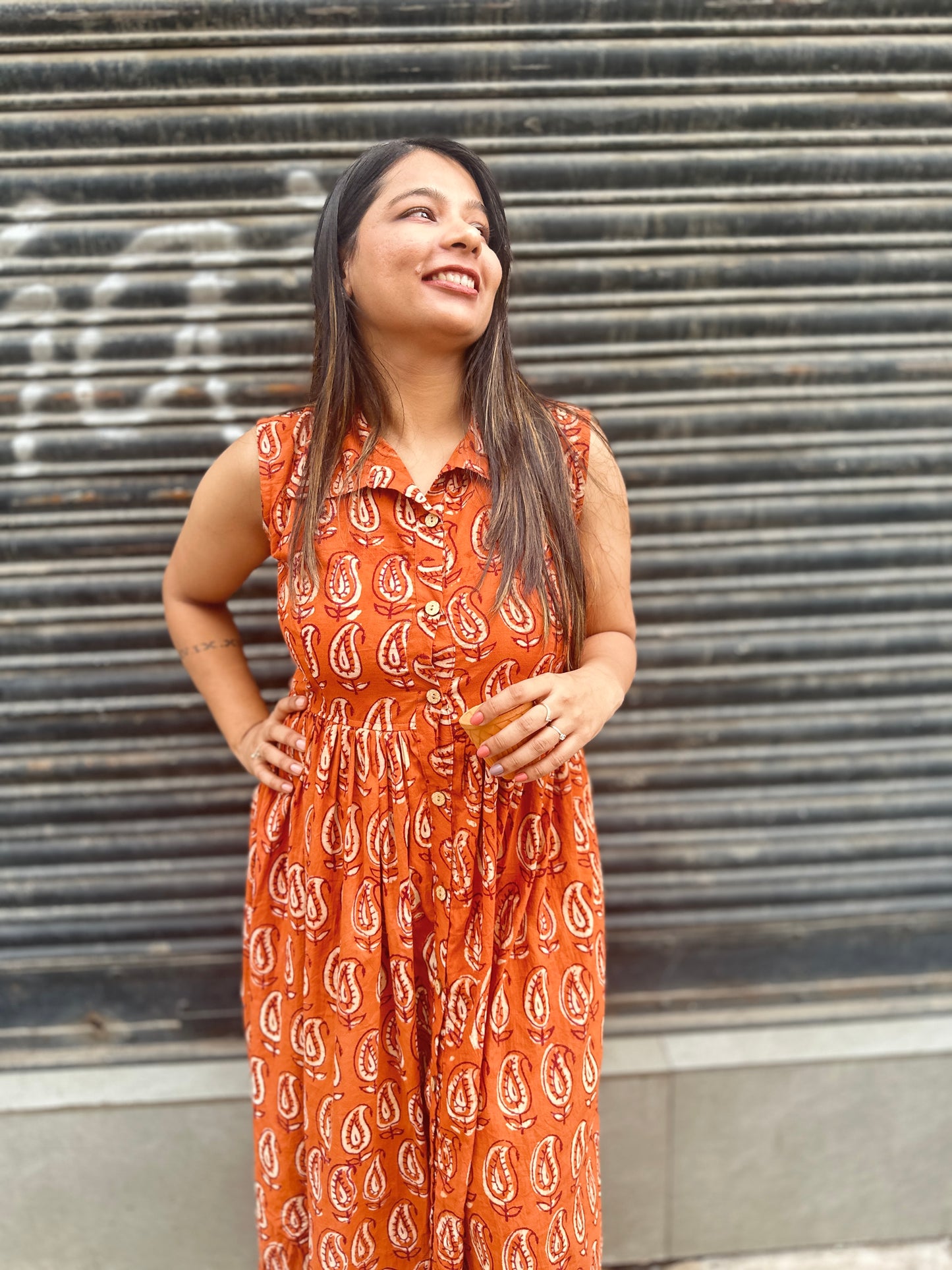 Rust Orange Hand-Block Printed Sleeveless Dress